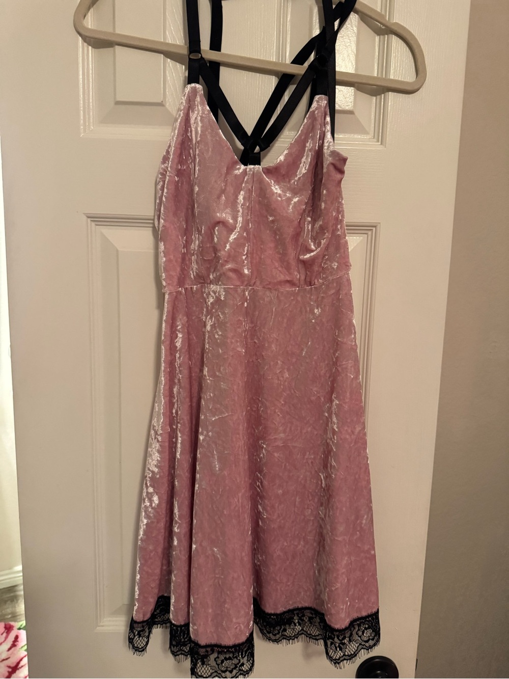 KILLSTAR Crushed Velvet Pink Slip Dress with Black Lace Trim